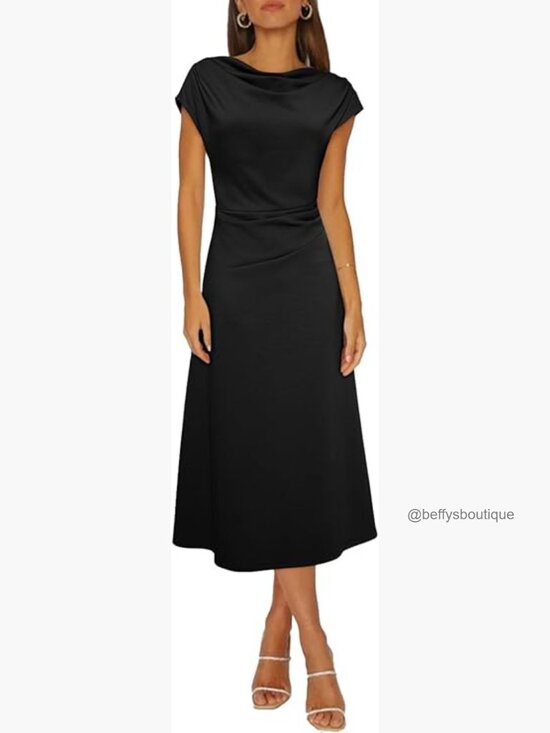 Dresses & Skirts - Short Sleeve Cowl Neck Ruched Waist A Line Midi Dress Flowy Party Cocktail Dress